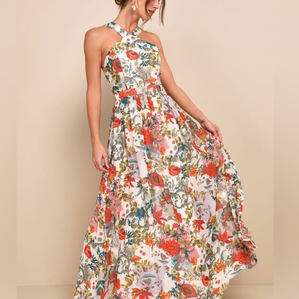 NWT Lulu's Lilja Elegant Cream Floral Maxi Dress Size Large